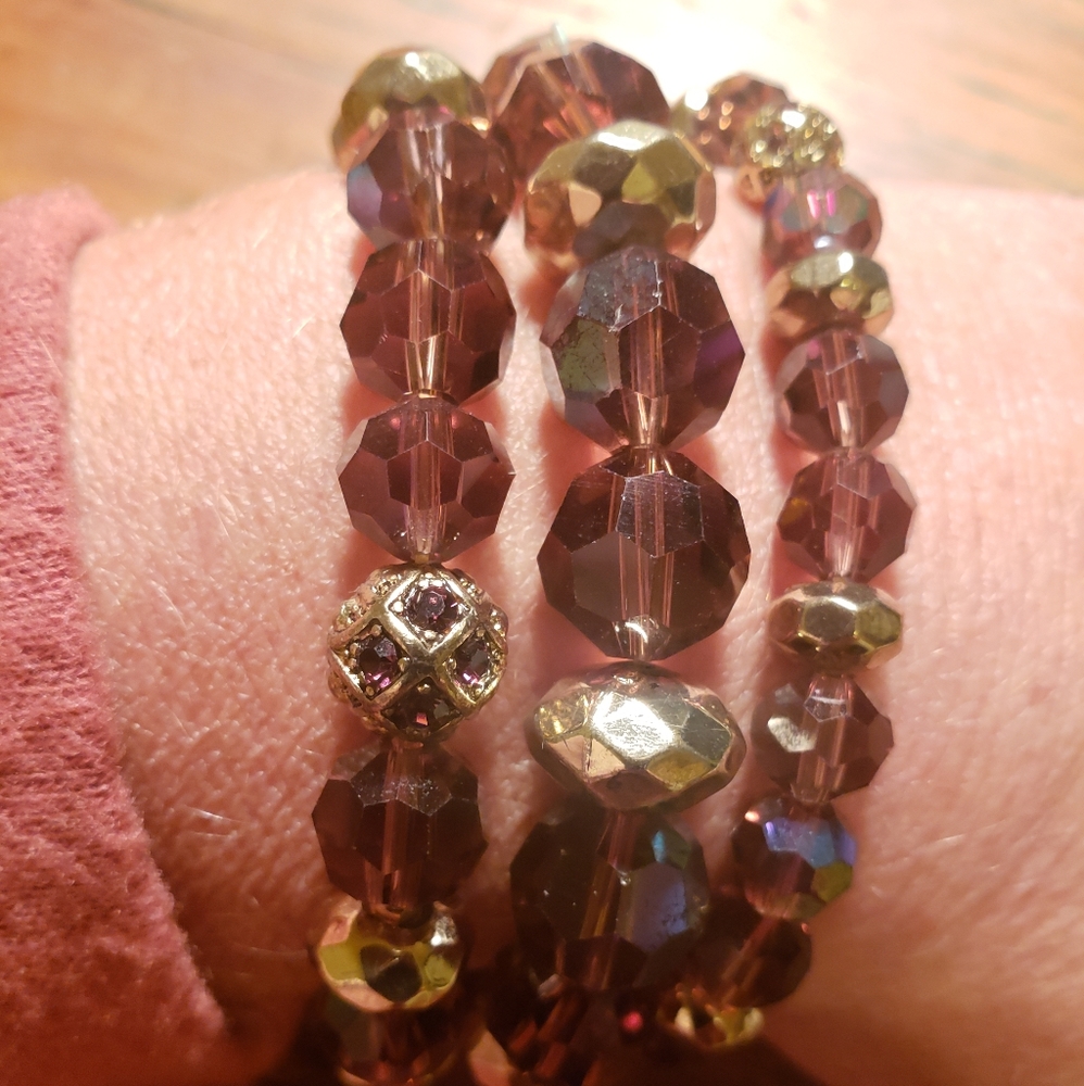 Stacked Stretch Bracelets Purp/Gold Set of 3